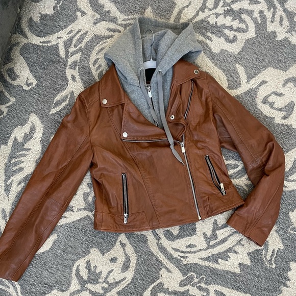 Jackets & Blazers - Bod & Christensen Brown Lambskin Leather Moto Jacket- Detachable Hood Lg